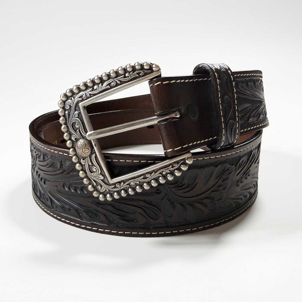 Ariat Tooled Leather Belt Mens 34 Brown Western Floral Silver Buckle Embossed
